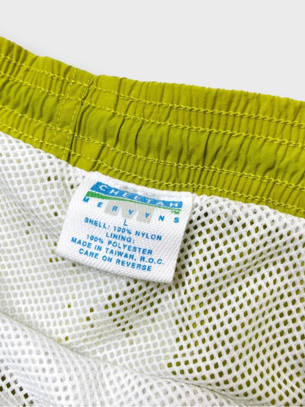 Vintage 90s Cheetah Nylon Lime Green Swim Trunks, Mesh Lined Shorts, Pockets L - Picture 8 of 9